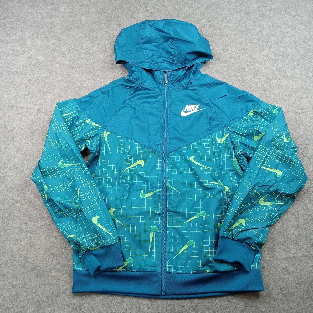 Nike Jacket Youth XL Blue Hooded Windbreaker Loose Fit Swoosh‎ Print Full Zip